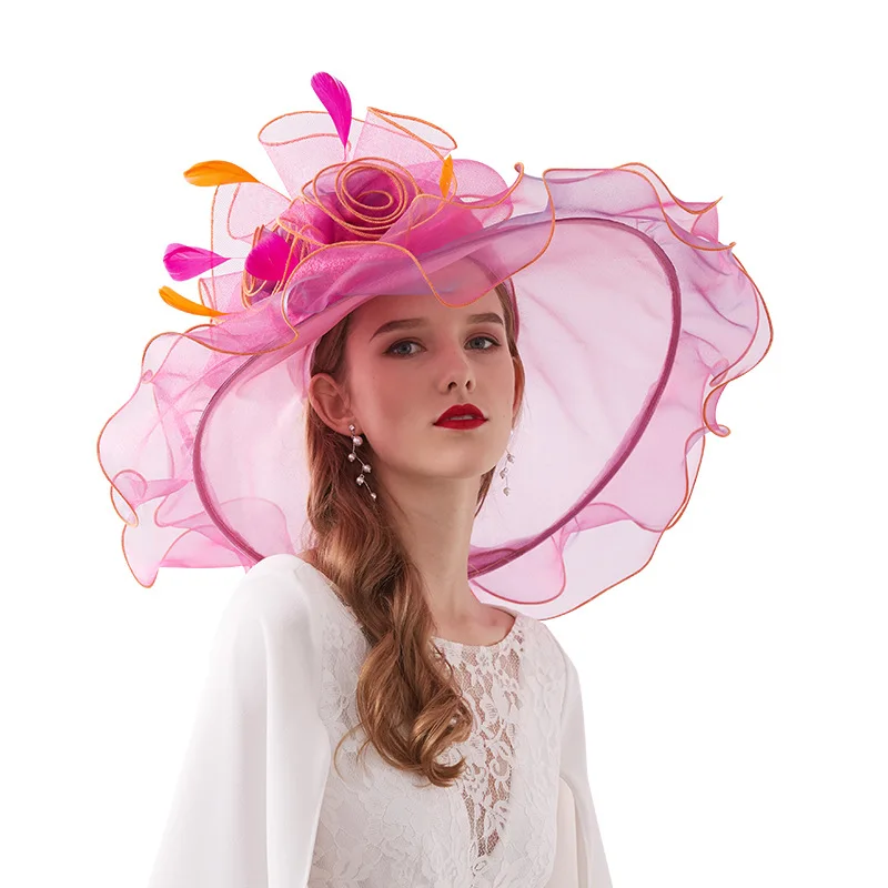 

2022 New Large Big Brim Organza Kentucky Derby Tea Fascinators For Elegant Ladies Fashion Adjustable Beach Sun Mesh Summer Hat