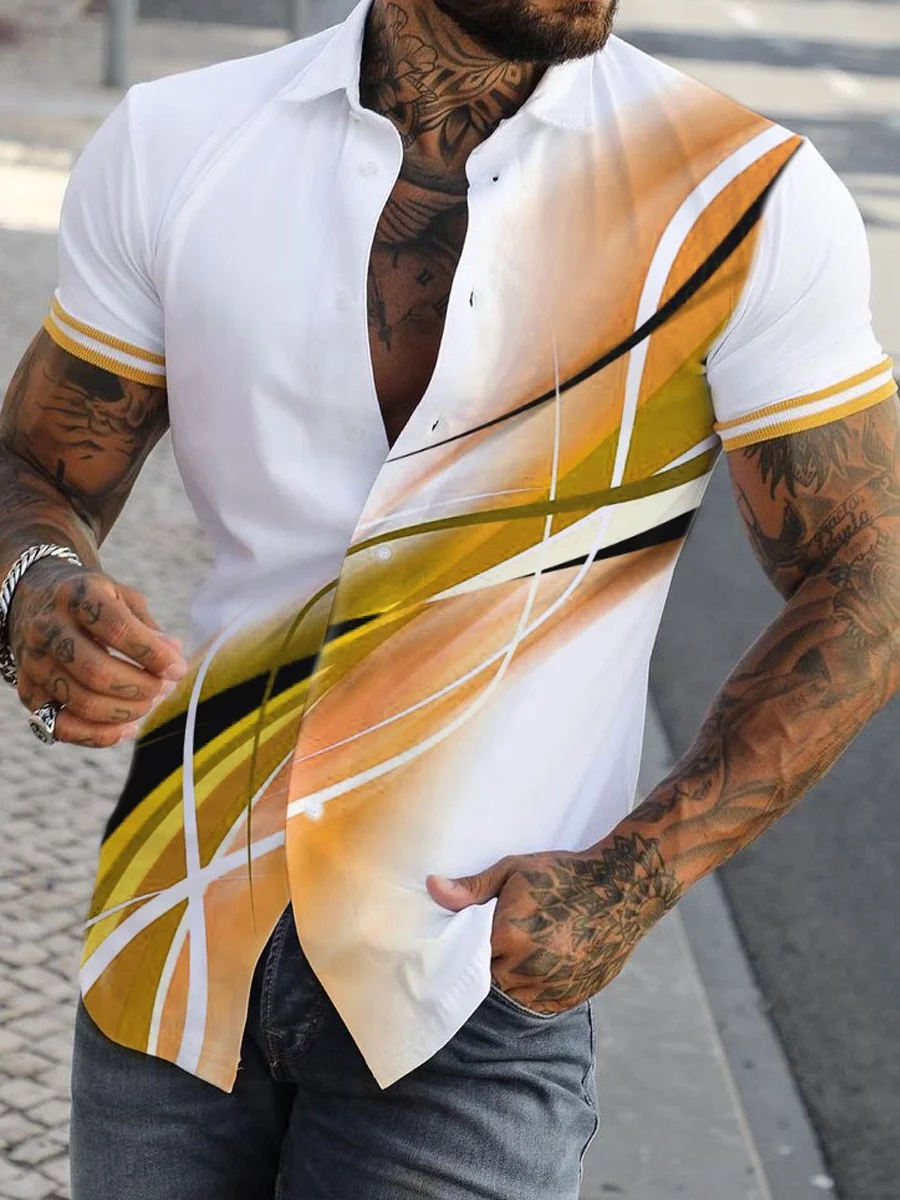 

Hawaiian Men's Short Sleeved Shirt, Simple Stripe 3D Printed Shirt, Loose and Breathable, Lapel, Button, Summer 2022