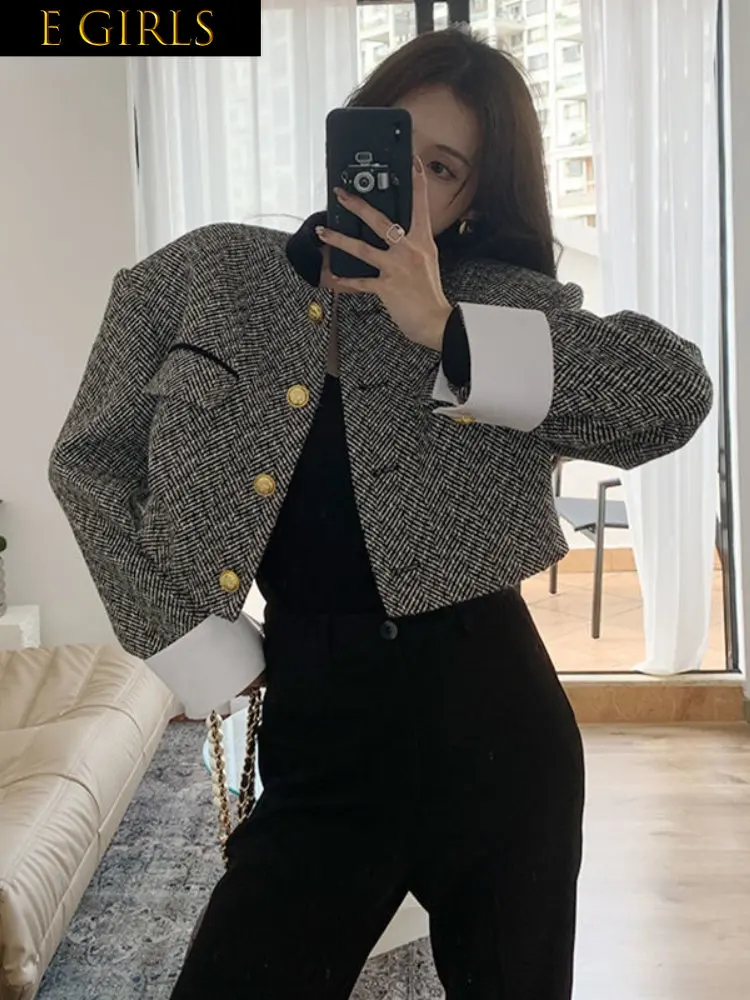 

E GIRLS Woherb New Fashion Korean Chic Vintage Tweed Jacket Coat Women Spring Contrast Color Cropped Jackets Elegant Office Lady