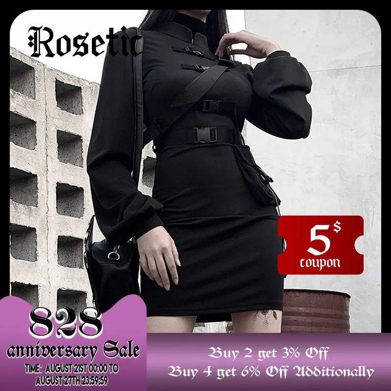Rosetic короткое Бандажное платье для женщин готический панк пояс с длинным рукавом Уличная черная мини Vestidos Повседневные платья весна 2020