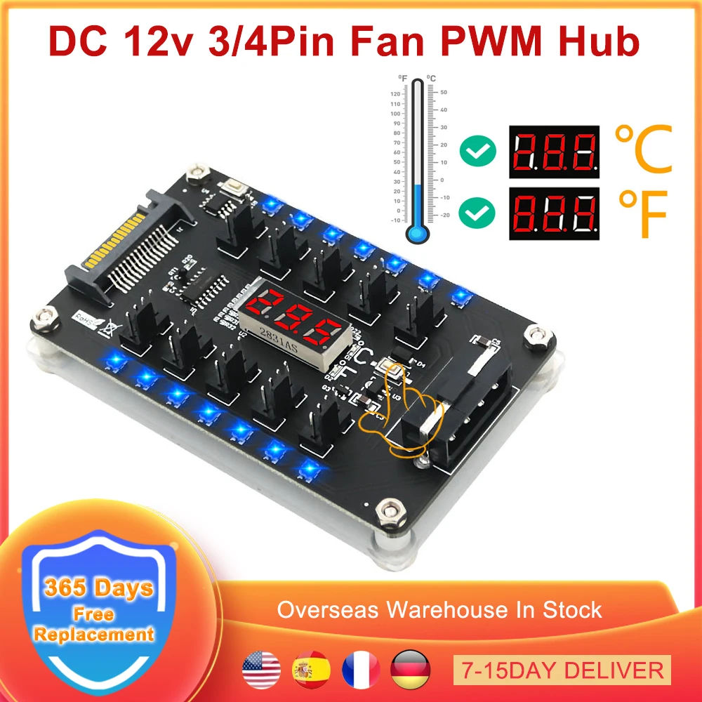 

DC 12v 3/4Pin Fan PWM Hub Cooler Dual Interface 10 Port Controller Color Flash LED Temperature Sensor Display Splitter Fan Hub