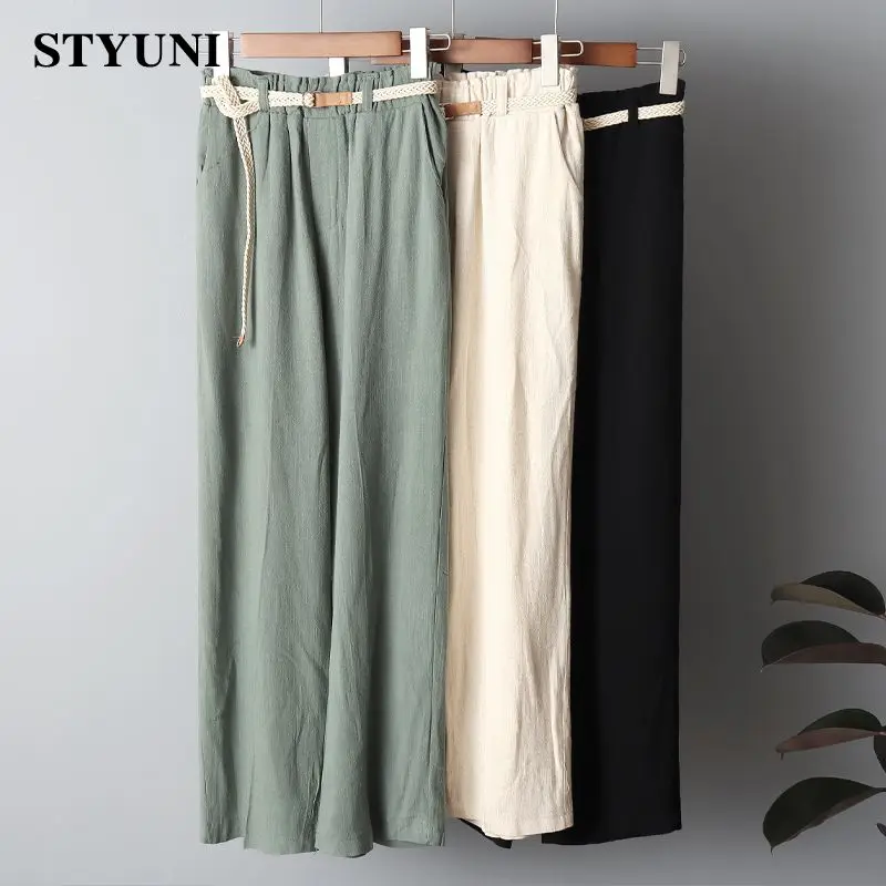 

Брюки женские хлопково-льняные повседневные с широкими штанинами, свободные прямые длинные штаны с эластичным завышенным поясом и карманами для женщин, 2022