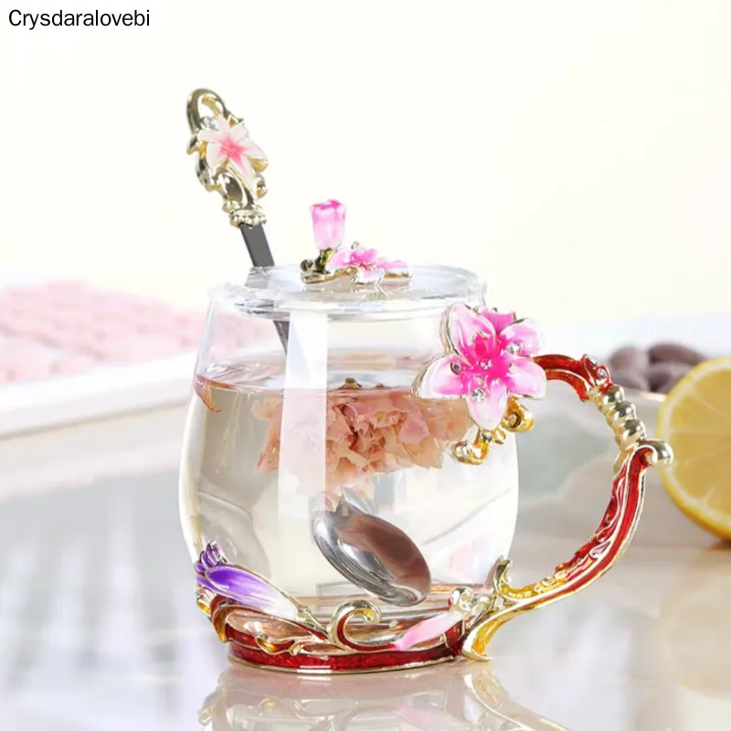 

Beautiful enamel colored flower tea cup heat-resistant glass mug coffee couple breakfast milk juice cup
