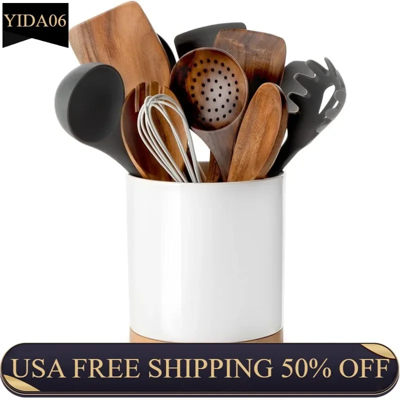 

Nucookery 360° Rotating Utensil Holder, 7.2" Large Utensil Crock, White Ceramic Cooking Organizer with Countertop-Protection