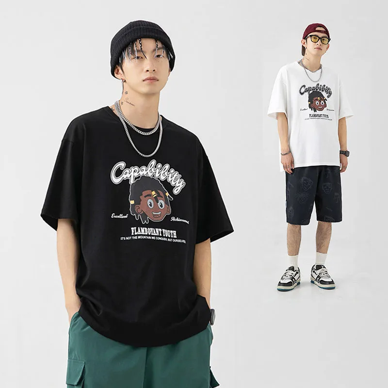 

Футболка мужская оверсайз с японским мультяшным принтом, уличная одежда, топы в стиле хип-хоп, Повседневная хлопковая свободная футболка с ...