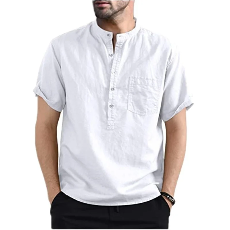 

Рубашка мужская с воротником-стойкой, хлопково-Льняная блузка с короткими рукавами, Повседневная Однотонная футболка на пуговицах, с V-образным вырезом, лето 2022