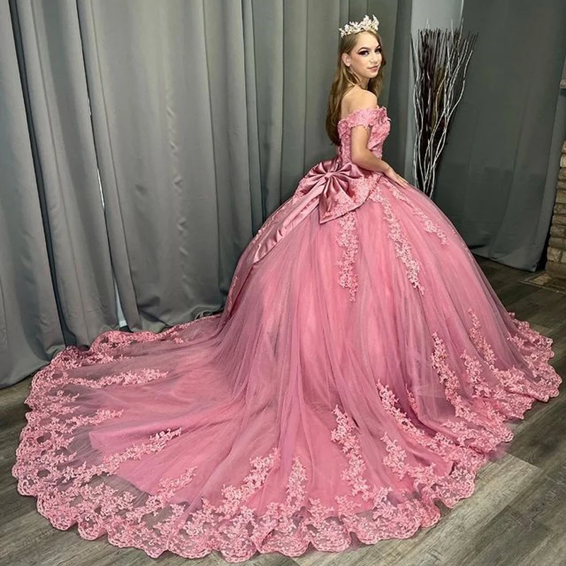 

Pink Quinceanera Dresses Sweet 16 Ball Gown 2023 Off The Shoulder Lace Appliques Pageant Party Princess Lace-Up Back