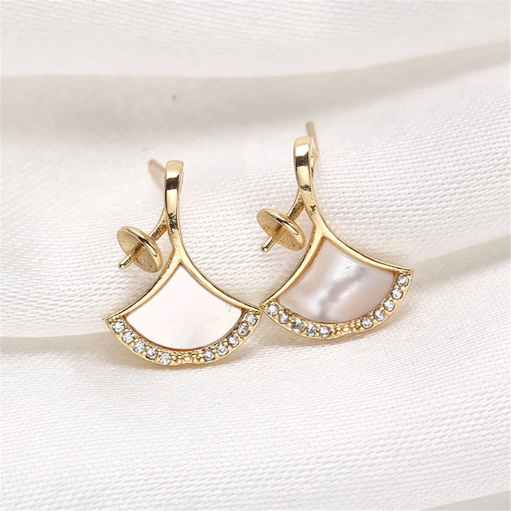 

14K gold wrapped color preserving fan-shaped shell micro inlaid zircon pearl S925 silver needle Earrings DIY accessories