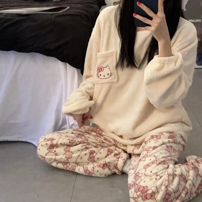 Пижамный комплект Sanrio новые осенне-зимние пижамы Hello Kitty женская утолщенная