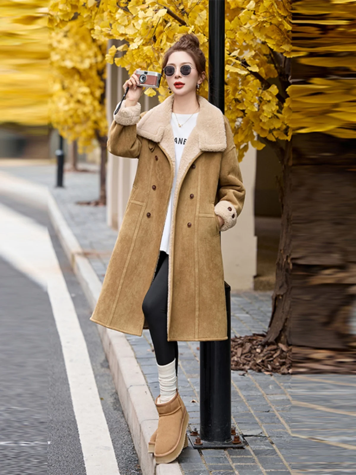 Замшевое пальто цвета хаки женская длинная мотоциклетная одежда новинка зимы 2024