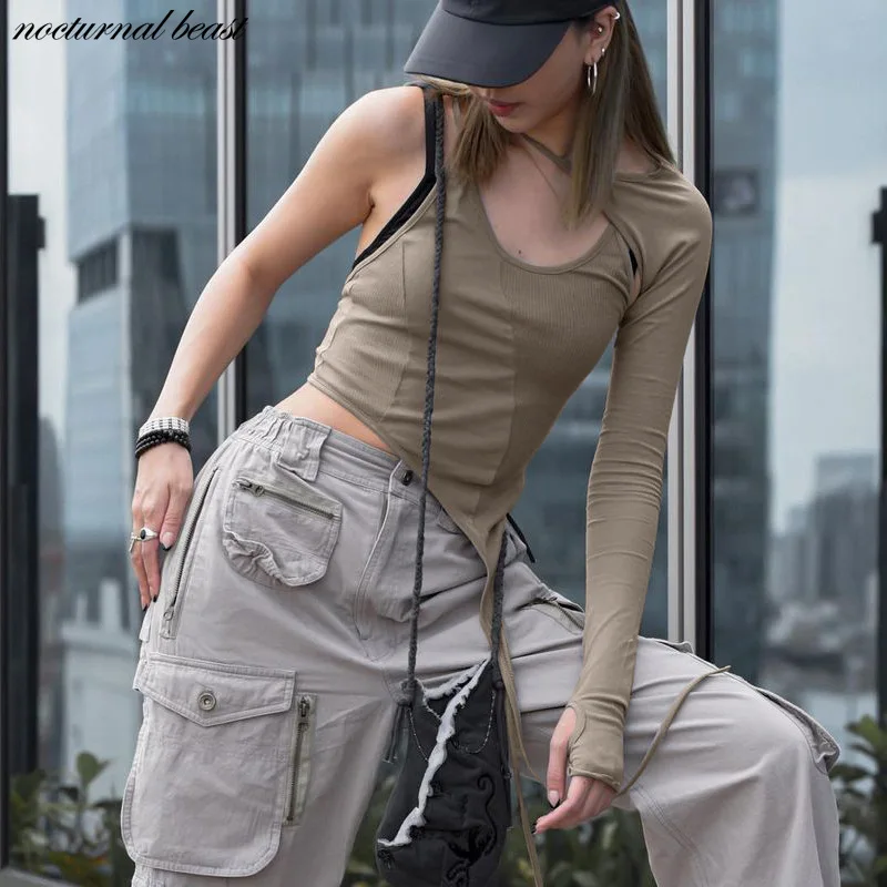 

Nocturnal Beast Sexy Cutout Slant Neck Tight T Shirt Ladies Y2k Party Club Wear Long Sleeve Stretch Shirt Gothic Crop Top Ladies