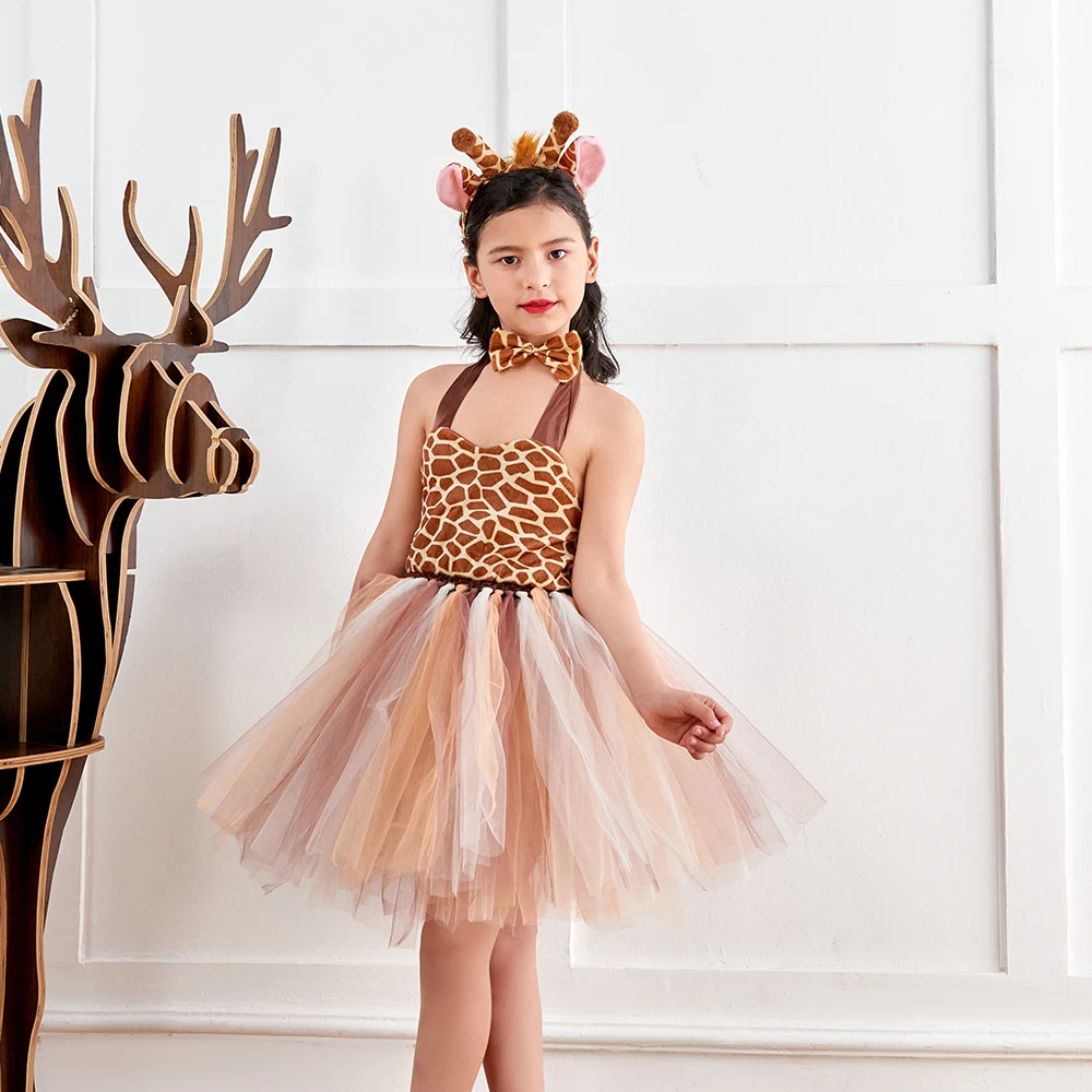 Halloween Animal Costume for Children Forest Theme Giraffe Cows Tiger Leopard Zebra Tutu Dress Kids Cosplay Party Dance Clothes