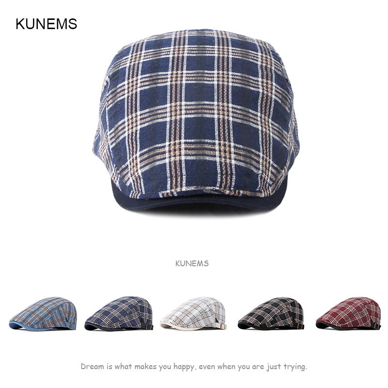

KUNEMS Fashion Plaid Newsboy Cap for Men Summer Breathable Men's Beret Caps Thin Peaked Cap Retro Painter Cap Forward Hat Gorras
