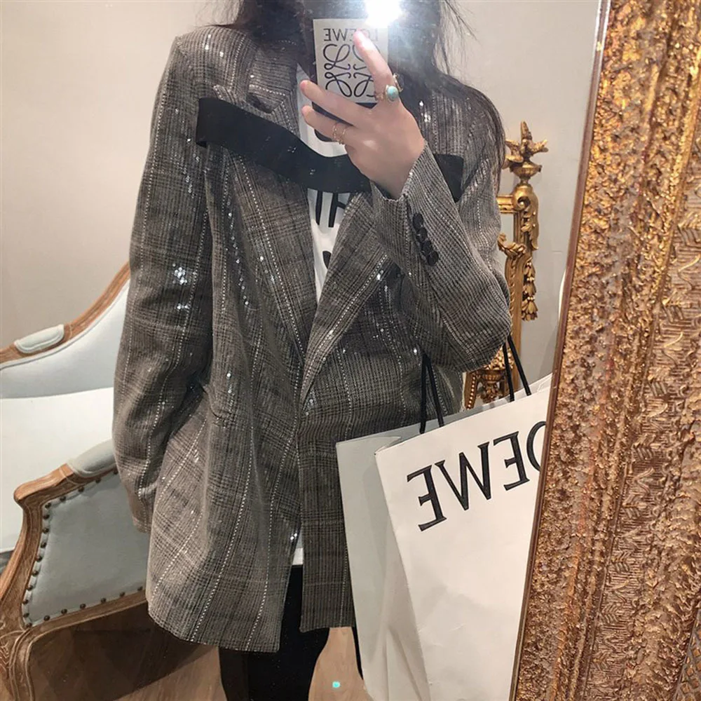 High Quality Fashion Sequins Suit Jackets Women Long Sleeve Loose Blazers Coat Street 2022 Casual Autumn Wild Ladies Outwear Top