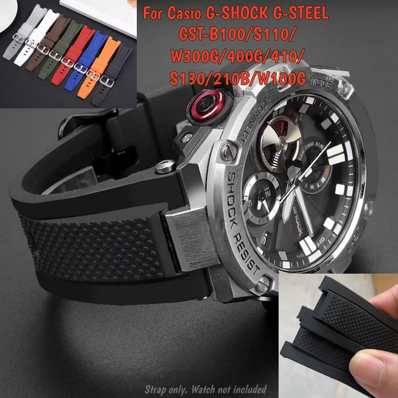 Фото Сменный ремешок для часов Casio G-Shock G-Steel GST-B100 S110 W300G 400G 410 S130 210B W100G, 26x14 мм, из силиконовой резины, черный №1