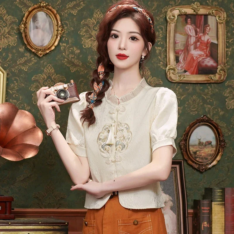 Женская шифоновая блузка с коротким рукавом и оборками вышивкой кисточками