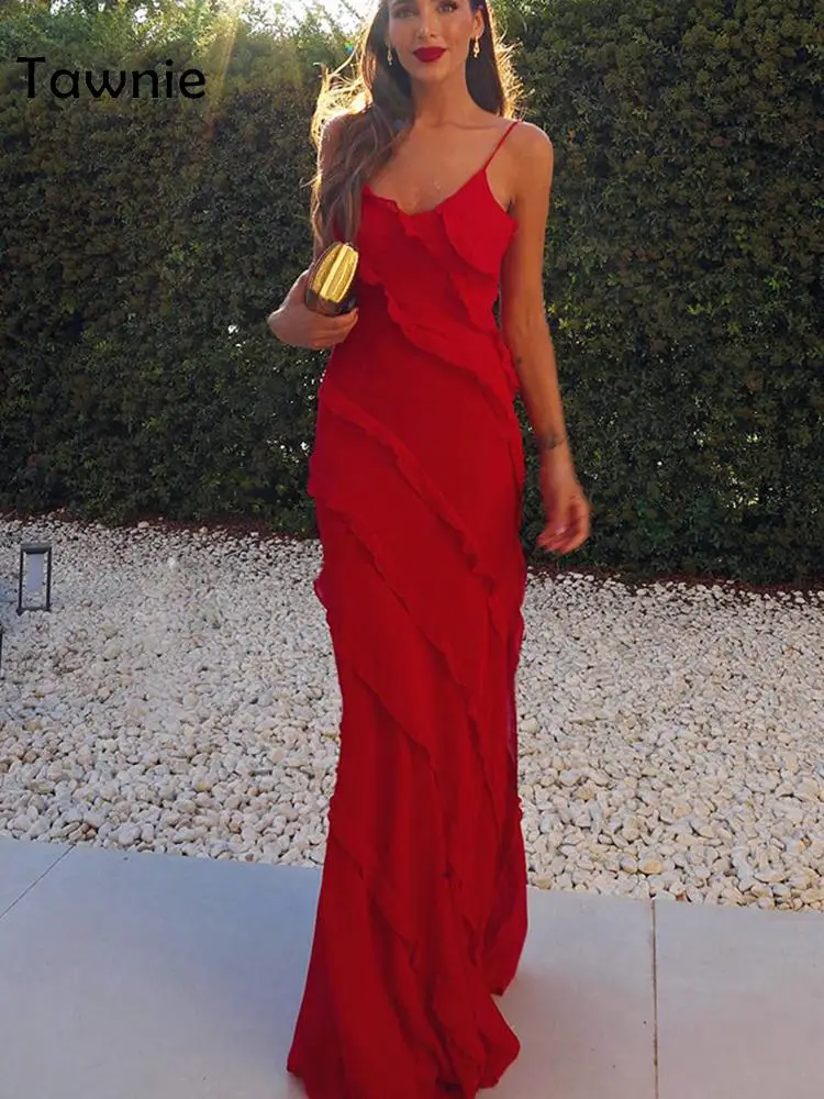 

Tawnie Spaghetti Strap V Neck Maxi Dress Women 2022 Summer Elegant Ruffles Backless Sleeveless Bodycon Dresses Party Club Beach