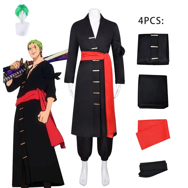 

Anime ONE PIECE Roronoa Zoro Cosplay Costume Black Pants Belt Wig Halloween Men Clothes Full Set Arm Straps