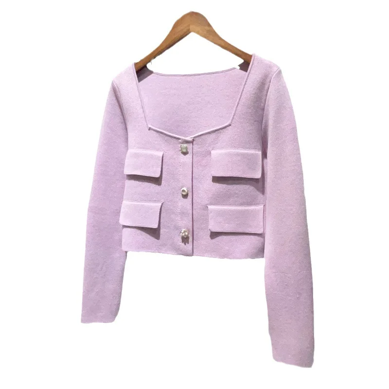 Женский винтажный шерстяной вязаный кардиган с квадратным вырезом