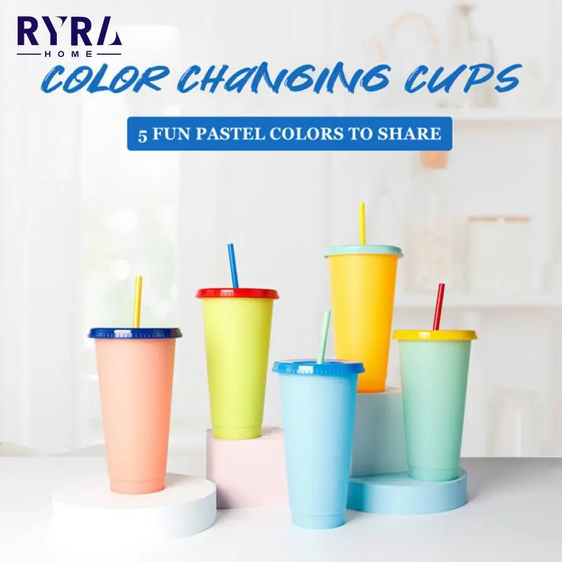 

16/24OZ Color Changing Tumblers Cups With Lid Straw Reusable Plastic Cold Water Cup For Adult Kids Straw Party Cups Coffee Mugs