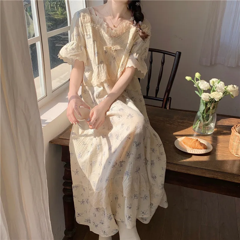 

100% хлопок Удобная длинная ночная рубашка с цветочным принтом с оборками кружевная ночная рубашка принцессы Летняя двойная марля пижама Милая S180