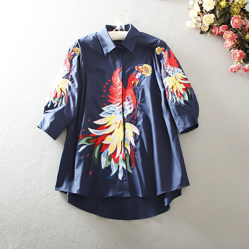 

Summer Fashion Women Shirts Three-Quarter Sleeves Cotton Wild Casual Ladies Blouses and Tops Chinese Style Lapel Embroidered