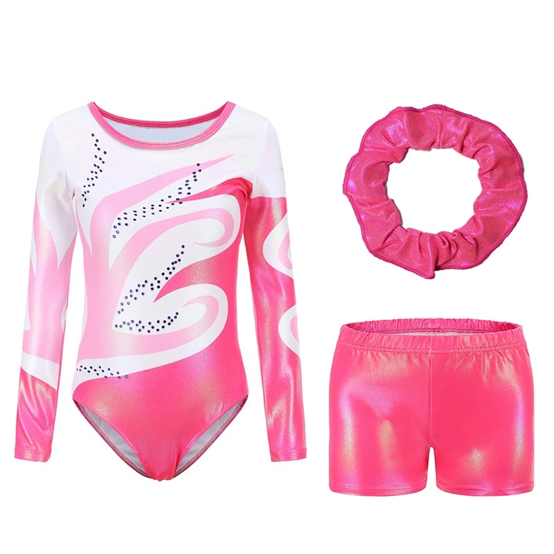 

Children Leotards Set with Shorts Hair Band Girls Ballet Dance Gymnastics Suit Gradient Gilding Rhinestone Bodysuit Costumes