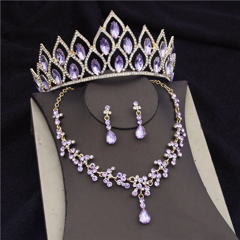

Violet Crystal Bridal Jewelry Sets for Women Wedding Dress Tiaras Crown Earrings Necklace Costume Jewelry Set Bride Accessories