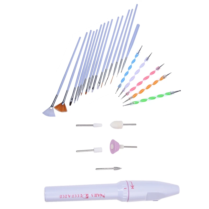 

1 Set 5 Bits Electric Manicure Nail Drill File Grinder Grooming Kit & 20Pcs Dotting Painting Polish Brush Pen Tools