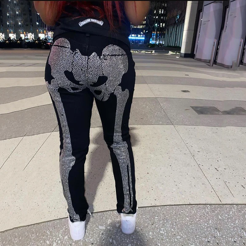 y2k Man Black Stretchy Jeans Skinny Slim Fit Hot Drill Letter Punk streetwear Biker Trousers Men's All-match Denim Pencil Pants