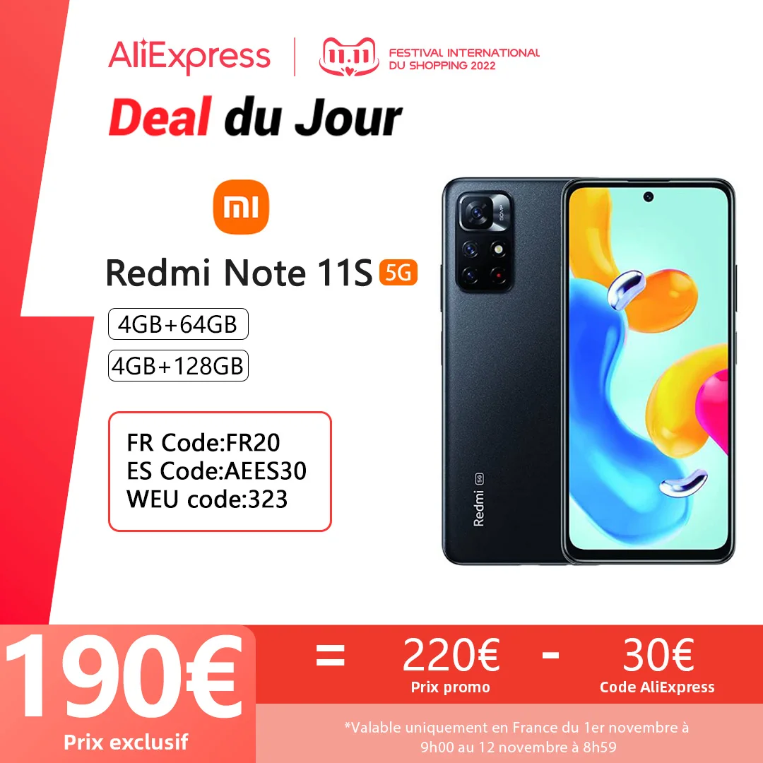 Kup Xiaomi Redmi Note 11S 5G Smartphone, Wersja Globalna, 64 GB/128 Go, MediaTek, Rozmiar, NFC, 33W Pro, Prędkość ładowania, MAh, Kamera 50mp
