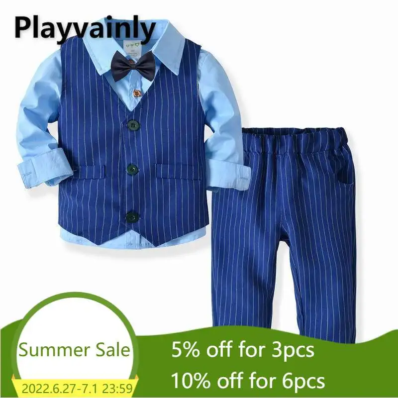

Boy Suit 2021 New Baby bow tie+cotton shirt+vest coat+pants Fashion Outfits Set Baby Clothes E19312