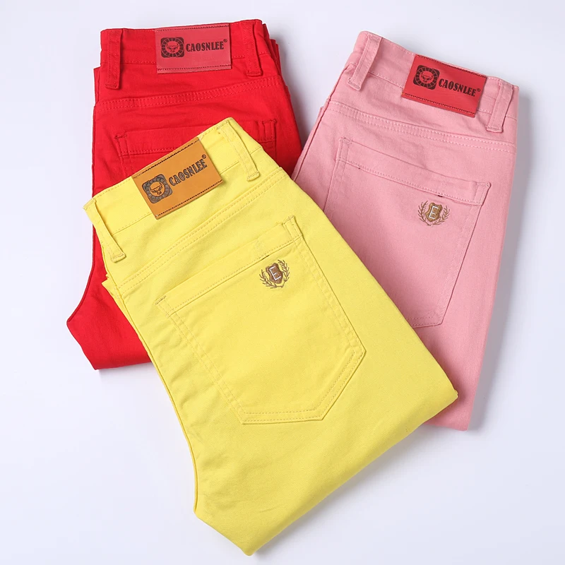 

2023 New Men's Jeans Classic Style Business Fashion Pink Red Yellow Stretch Slim Fit Straight Denim Trousers Male Brand Pants