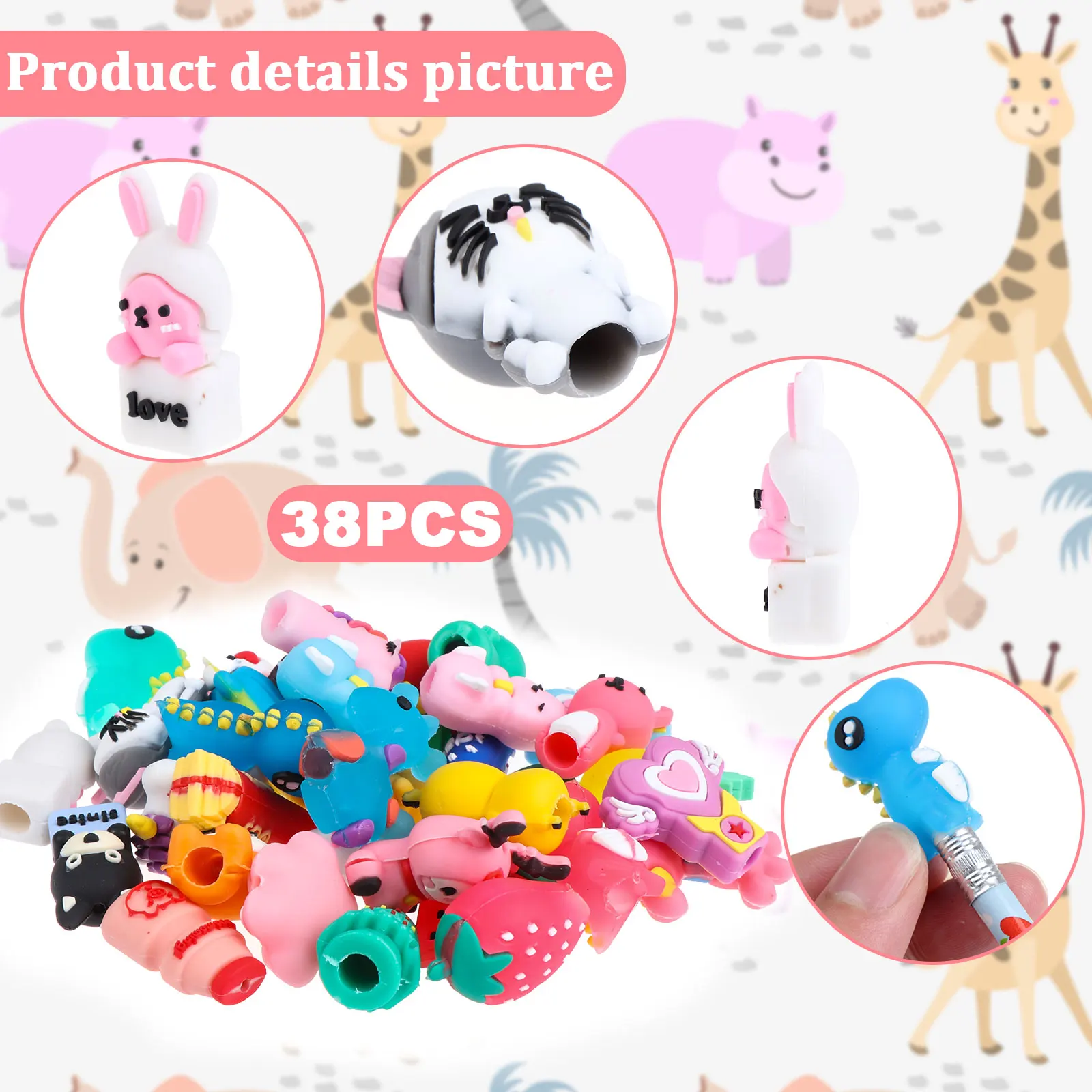 Toppers Set Include 38 Pcs Cartoon Animal Pencils Tops