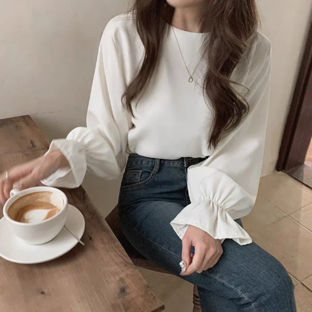 

Women Fashion Blouse Casual OL Commuter Round Neck Solid Color Long Sleeve Pullover Trumpet Sleeve Spring Fall Dress For Ladies
