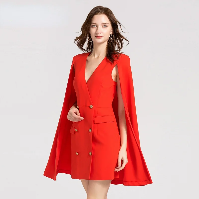 

Women's Office Dress 2022 New Cloak Sleeve Slin Deep V Sexy Mini Dresses Spring Fashion Solid Irrgular Suit Dresses