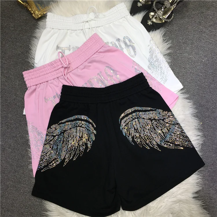 Women Heavy Industry Rhinestone Wings Shorts 20233Summer Thin Loose Wide Leg Leisure All-Matching Short Pants Sweatpants Female