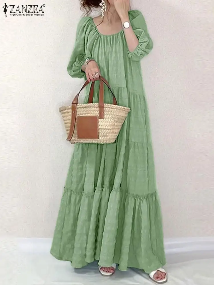 

Женский летний сарафан ZANZEA 2022, Стильное однотонное платье с оборками и пышными рукавами, женские платья макси с квадратным вырезом, женское ...