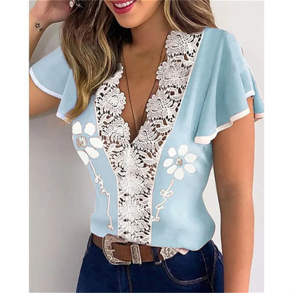 Women Sexy Lace Patchwork Hollow Out Shirt Blouse Long Sleeve V-Neck Mesh Design Tops 2022 Summer flowers Print Blue Slim Shirts