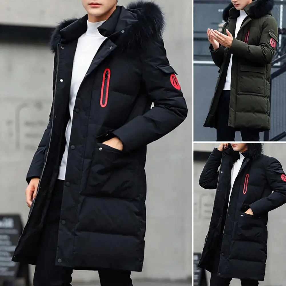 Men Hooded Jacket Cotton Padded Solid Color Long Sleeve Removable Faux Fur Collar Overcoat Winter Fluffy Filling Windbreaker Str