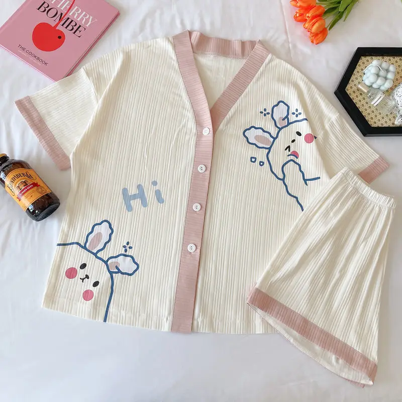 Women's Pajamas Summer Suit Cotton Short Sleeved Sleepwear Cute Cool Cardigan Pyjamas Plus Size 2 Piece Set Nightwear Homewear