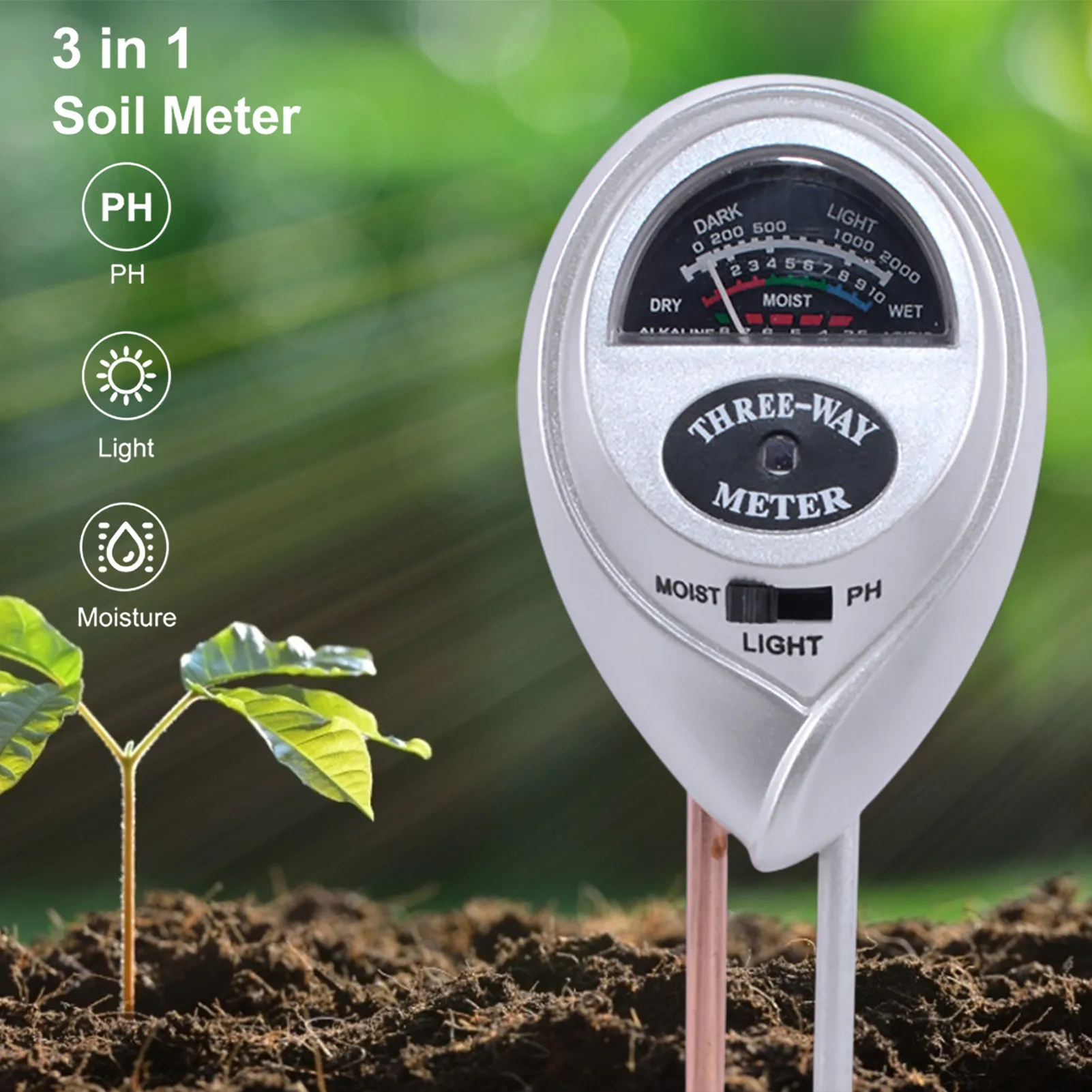 

3 in1 Soil Water Moisture PH Meter Acidity Humidity Sunlight Light PH Test Garden Flowers Moist Sensor Tester Testing Instrument