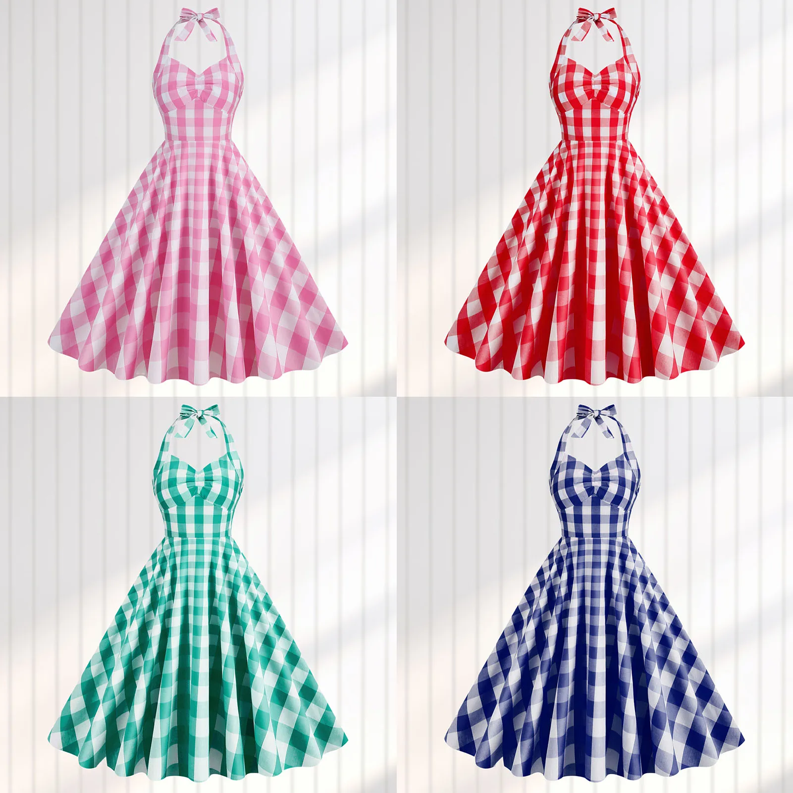 

Slim Fit V Neck Women Pleated Short Dress Backless Cotton Halter Plaid Dress Sexy Style Corset Swing Dress Vacation Outfit