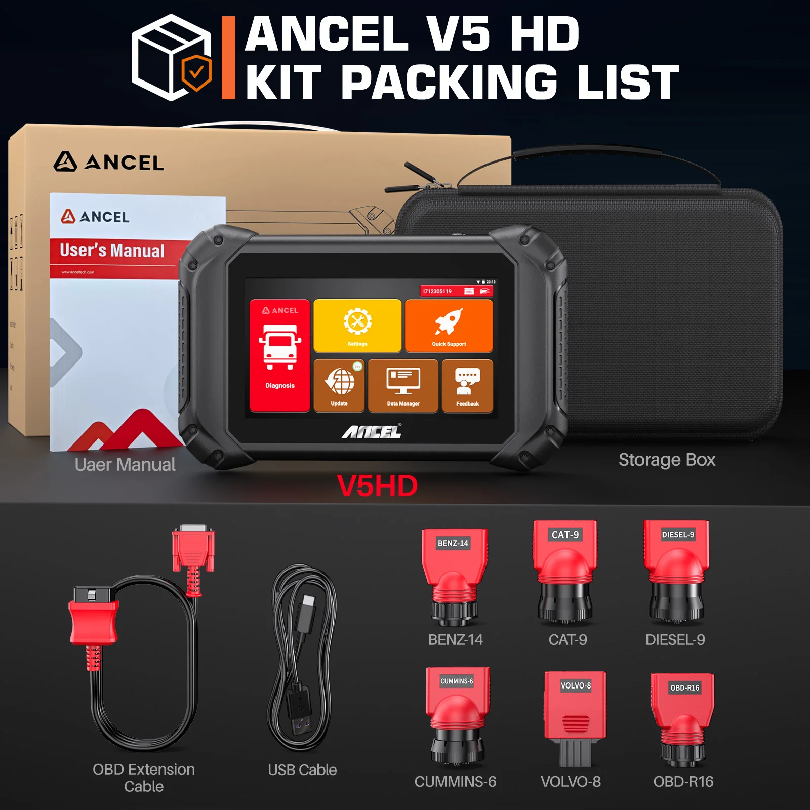 

ANCEL V5 HD Сверхмощные диагностические инструменты для грузовиков Полная диагностика системы 40+ Сброс кодирования ЭБУ BI-направленный сканер OBD2 для грузовиков