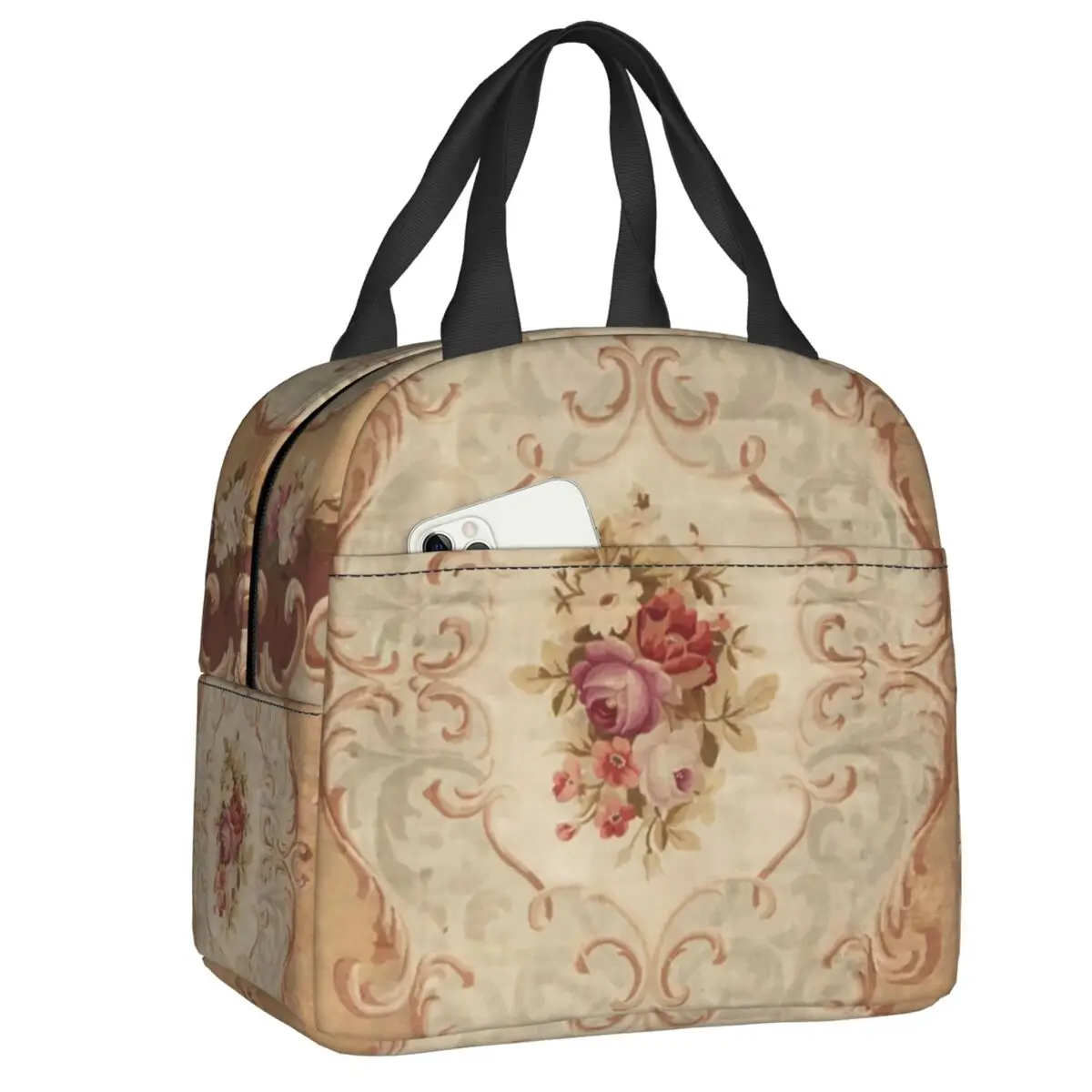 

Античный коврик с цветочным рисунком розы во французском стиле Aubusson, Изолированные сумки для обеда, для работы, школы, портативный термоохл...