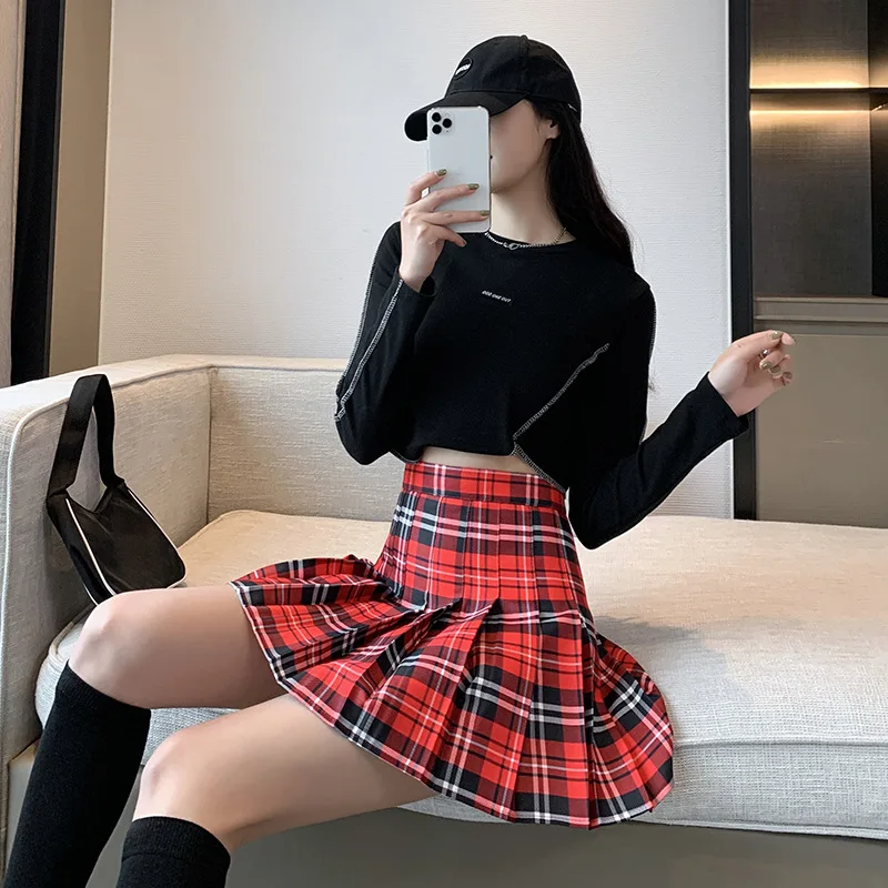 

Grey a-line skirt for female spring and autumn 2022 new high waist slim student pleated skirt solid color plaid jk skirt