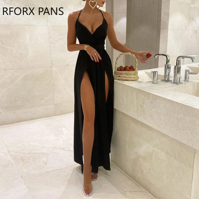 

Women Elegant Solid Spaghetti Strap Bodycon Deep V Neck High Silt Maxi Formal Party Sexy Black Dress