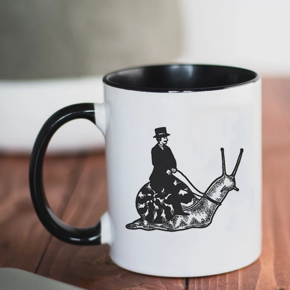 

Man Riding On Snail Mug 11oz Funny Ceramic humor Office Coffee Cup