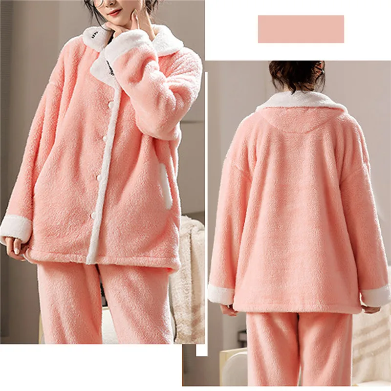 Nibesser Pajamas Set Women Winter 2pcs Pyjamas Flannel Warm Long Sleeve+Pants Thicken Homewear Sweet Girl Comfy Soft Homewear