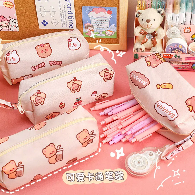 

Cartoon Bear Canvas Pencil Case Student Ins Girl Heart Large Capacity Pencil Case Desktop Stationery Finishing Storage Bag